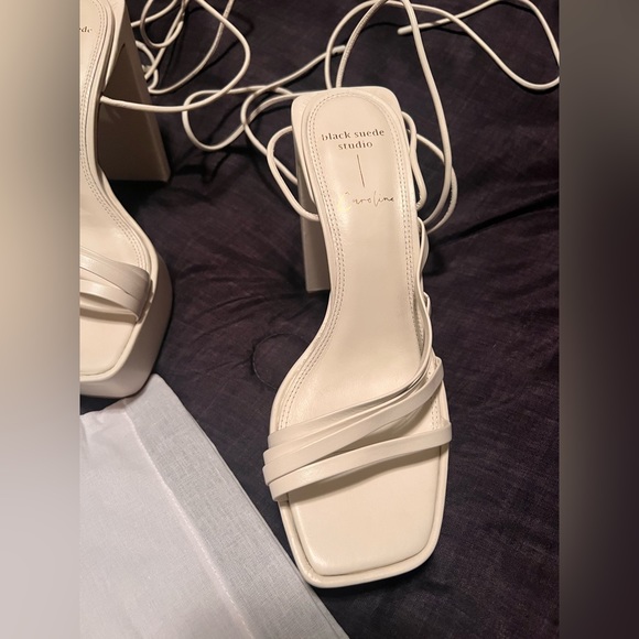 Black Suede Studio White Wrap Around Tie Up Platform Disco Sasha REVOLVE Heels - Picture 13 of 14